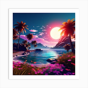 Tropical Landscape With Palm Trees, blue sky, wall art, trees, flowers, and sun. good look, 1 Art Print