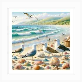 Seagulls On The Beach Art Print