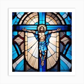 Jesus Christ on cross stained glass window Art Print