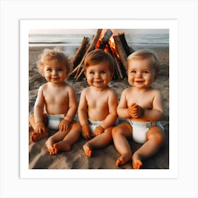 Three Baby Boys On The Beach Art Print