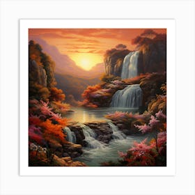 Waterfalls At Sunset 1 Art Print