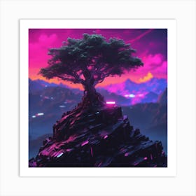 Single Tree On Top Of The Mountain Neon Ambiance Abstract Black Oil Gear Mecha Detailed Acrylic (2) Art Print