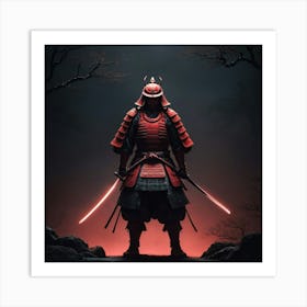 Lonely Japanese Red Samurai Warrior Stand In Dark Art 2 Art Print