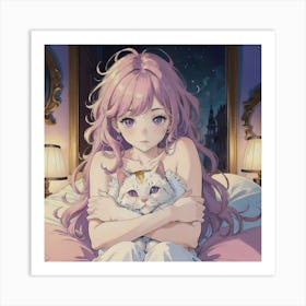 Sweet Dreams With A Cat: A Girl With Purple Eyes And Pink Curly Hair Snuggles A Cat Plushie On Her Bed Art Print