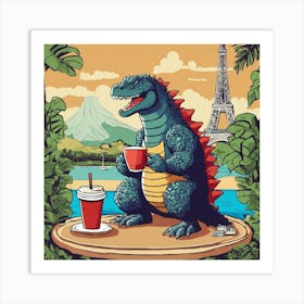 Godzilla In Hawaiian Style Drinking A Coffee In Fr Art Print