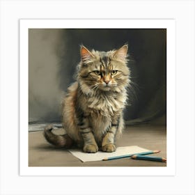 Cat With Pencils Art Print