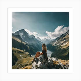 Woman Sitting On Top Of Mountain Art Print