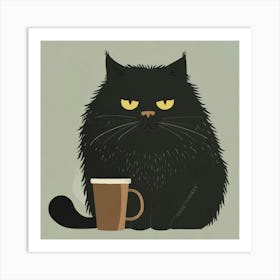 Black Cat With A Cup Of Coffee Art Print