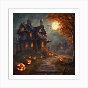 Halloween House With Pumpkins Art Print