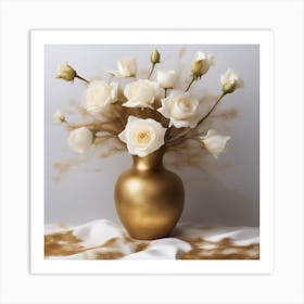 Gold Vase With White Roses Art Print