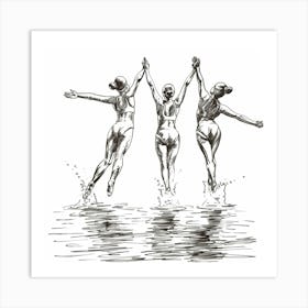 Three Swimmers Jumping Into The Water Art Print