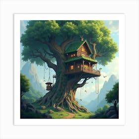 Magical Treehouse Suspended High In The Branches Of A Towering Ancient Tree 1 Art Print