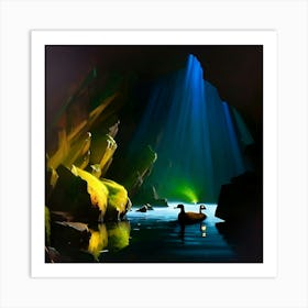 Two ducks floating in cave  Art Print