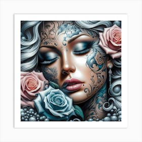 Tattooed Woman With Roses Art Print