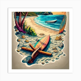 Beach Scene A Sailing Ship In The Foreground Art Print