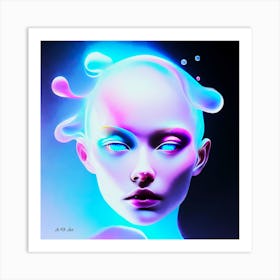 Glossy Color Holographic Fantasy Human Like Android Portrait With Floating And Dripping Elements Art Print