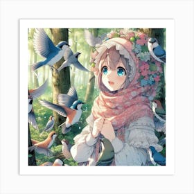 Girl Surrounded By Birds Art Print