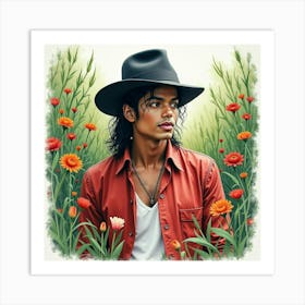 Watercolor Depiction Of Michael Jackson In A Lush Garden 1 Art Print