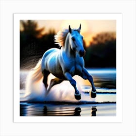 White Horse Running In Water 6 Art Print