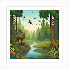 Deer In The Forest, A Serene Forest Landscape With Wildlife Living In Harmony Art Print