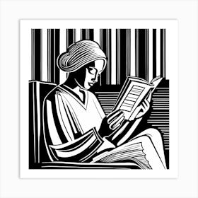 Reading A Book Linocut Black And White Painting, 317 Art Print