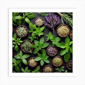 Top View Of Herbs On Black Background 2 Art Print