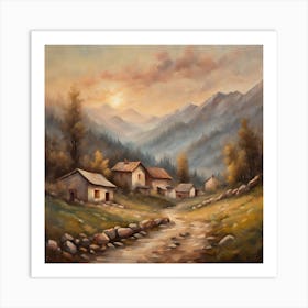 Vintage oil painting style soft colours peaceful sunrise mountain house square format Art Print