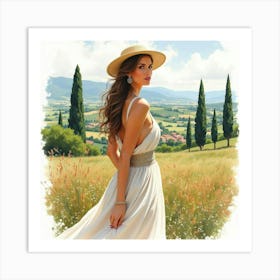 Elegant Italian Woman In Watercolor, With A Scenic Tuscan Landscape Behind Art Print