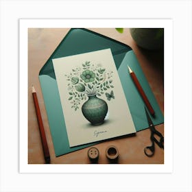 Green Vase With Flowers 4 Art Print