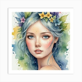 Watercolor Of A Girl With Blue Hair Art Print