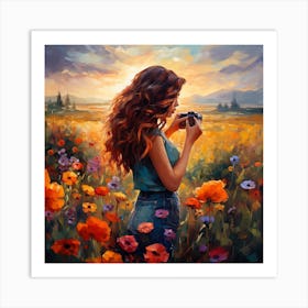 Girl Taking A Picture Of Flowers Art Print