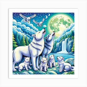 White Wolves Howl at Moon Art Print
