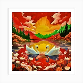 Sunset Swans Art Print