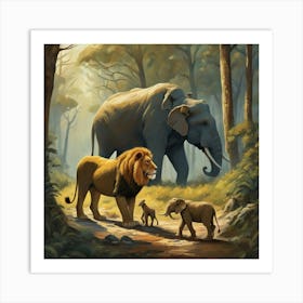Lions And Elephants Art Print