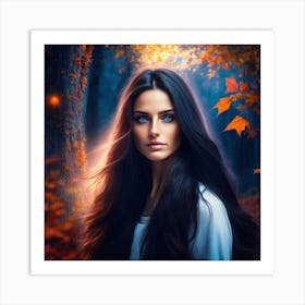 Beautiful Woman In Autumn Forest Art Print