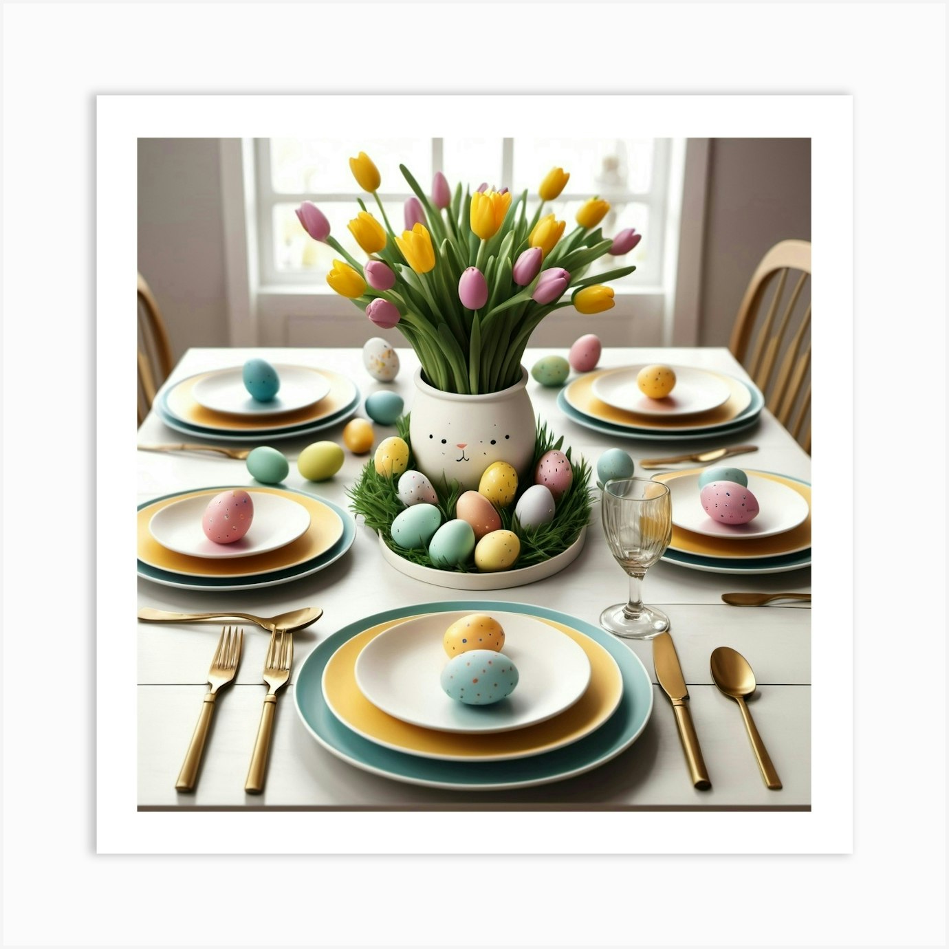 Photo Of Easter Table Setting With Dyed Eggs And A Bouquet Of Tulips Art Print by SmetArt