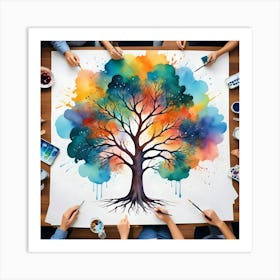 Group Of People Painting Colorful Tree On Canvas, Teamwork Concept Art Print