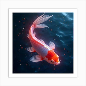 A Radiant Koi Fish With Scales Of Glowing, Neon Light Swimming Through A Dreamlike Pool Art Print