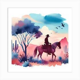 Watercolor Cowboy In The Desert 1 Art Print