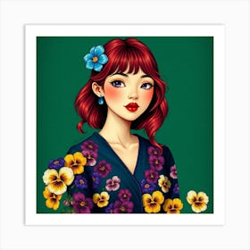 Asian Girl With Flowers Art Print