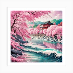 A stunningly vibrant watercolor illustration of a serene Japanese landscape featuring cherry blossoms. The foreground shows a river with gentle waves reflecting the pink hues of the blossoms. 1 Art Print