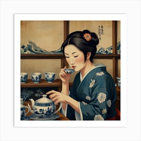 Asian Woman Drinking Tea Art Print