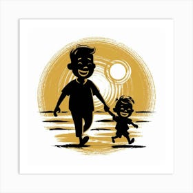 Father And Son Walking On The Beach Art Print