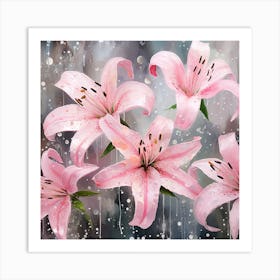 Pink Lilies In Rain Art Print