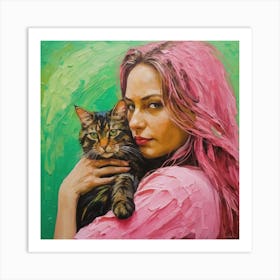 Girl With Pink Hair And A Cat Art Print