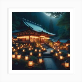 Lit Lanterns In A Temple Art Print