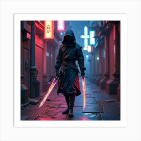 Ninja Fighter With A Watercolor Blade In A Neon Lit Alley 1 Art Print