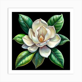 Elegant White Magnolia Flower With Green Leaves Art Print