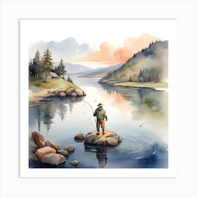 Watercolor Of A Fisherman Art Print