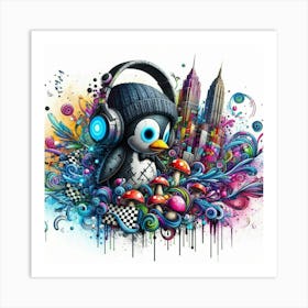 Penguin With Headphones 1 Art Print